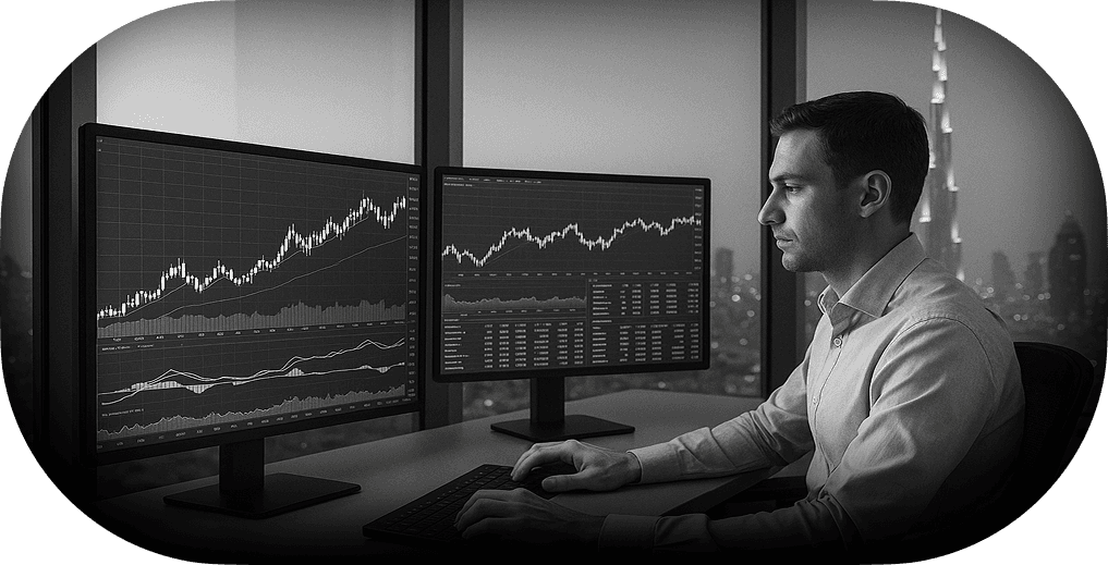 Trader at desk with monitors